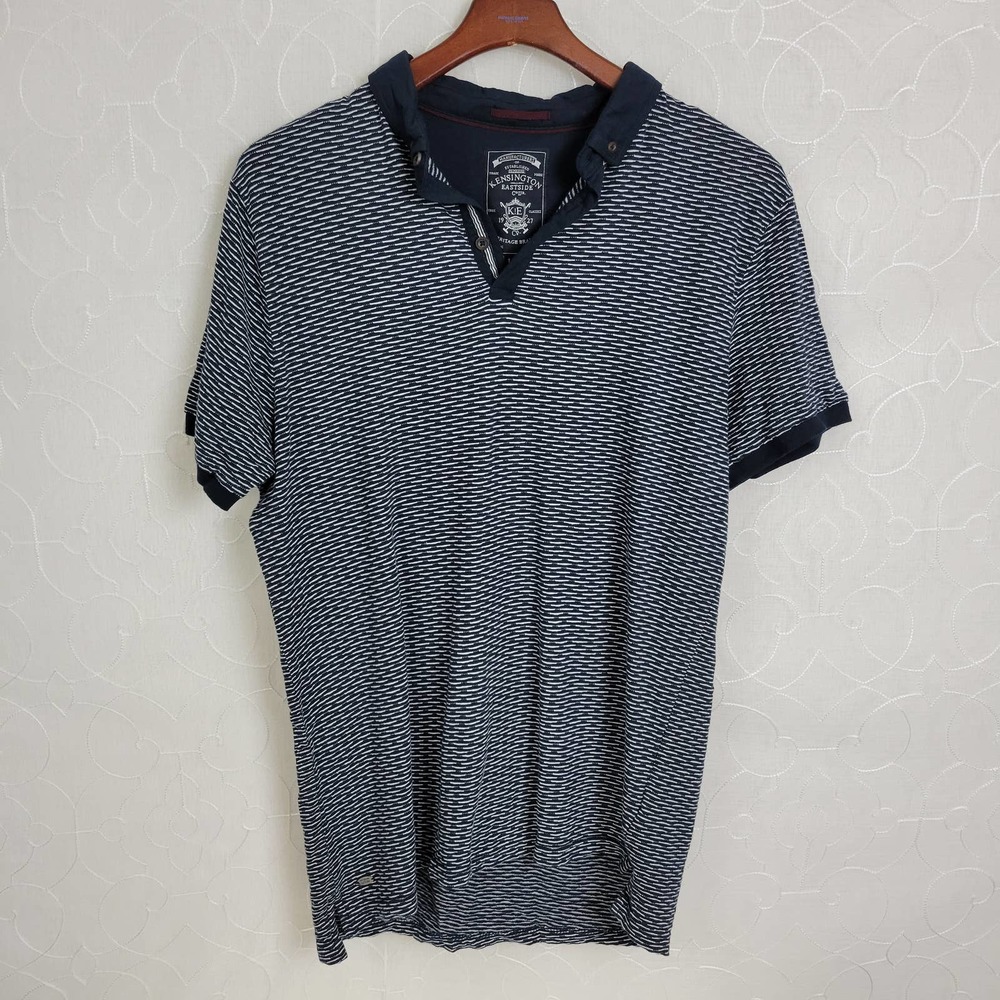 Kensington Mens Polo Shirt Size Large Black Striped Collared Short‎ Sleeves